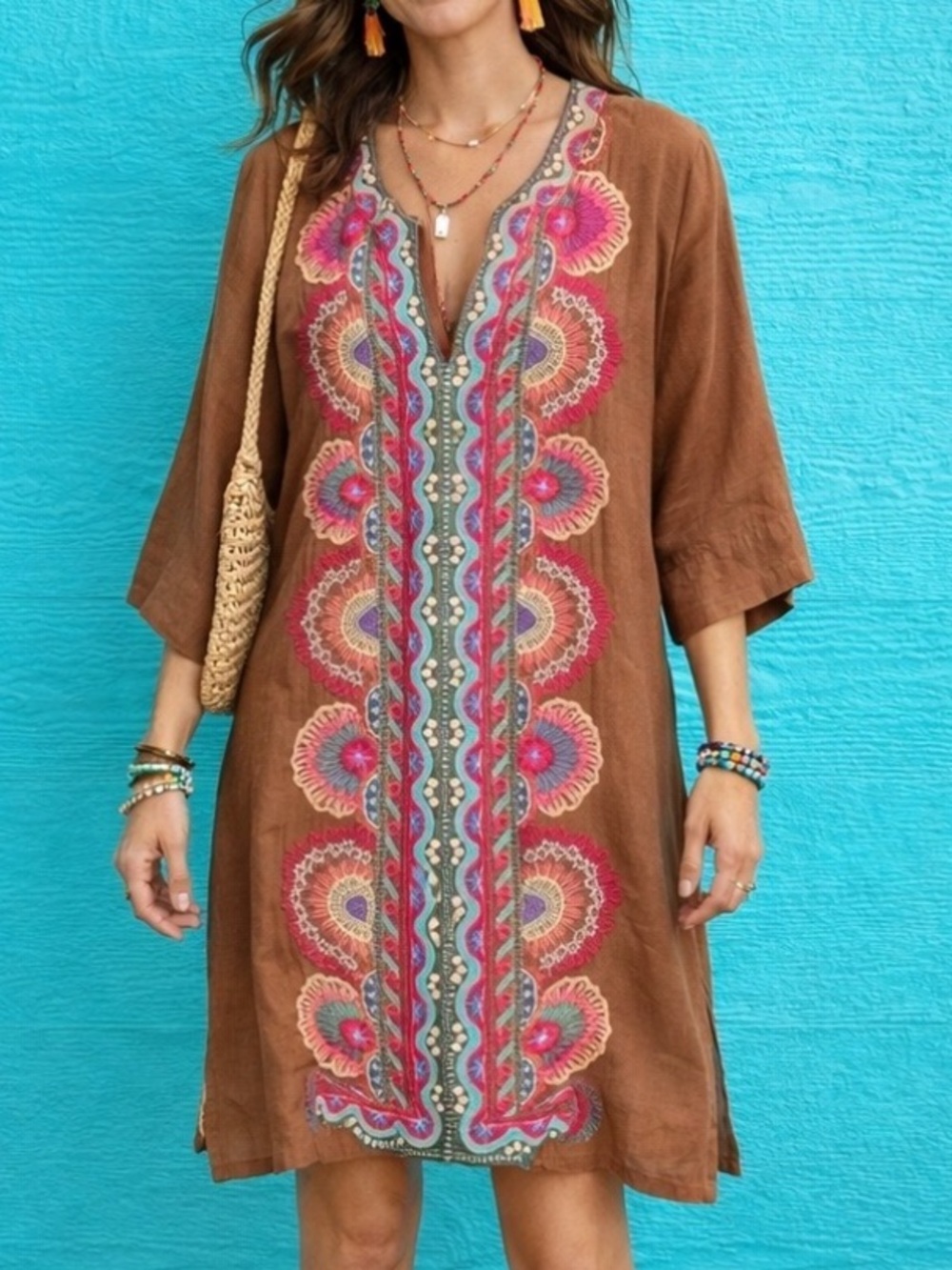 Johnny Was Brown Embroidered 3/4 Sleeve Split V Neck Tunic Mini Dress XS Boho